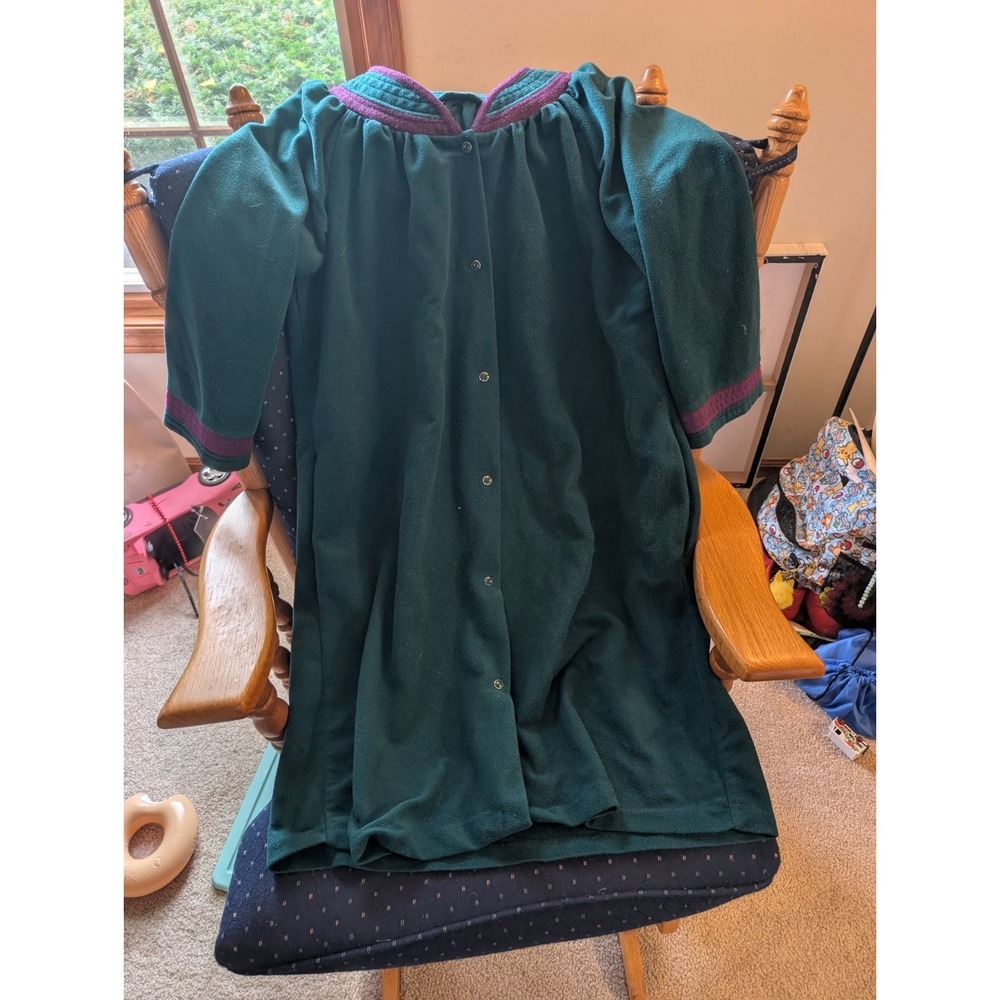 Vintage Green Fleece House Coat Snap Front Duster Robe Purple Trim Women's...